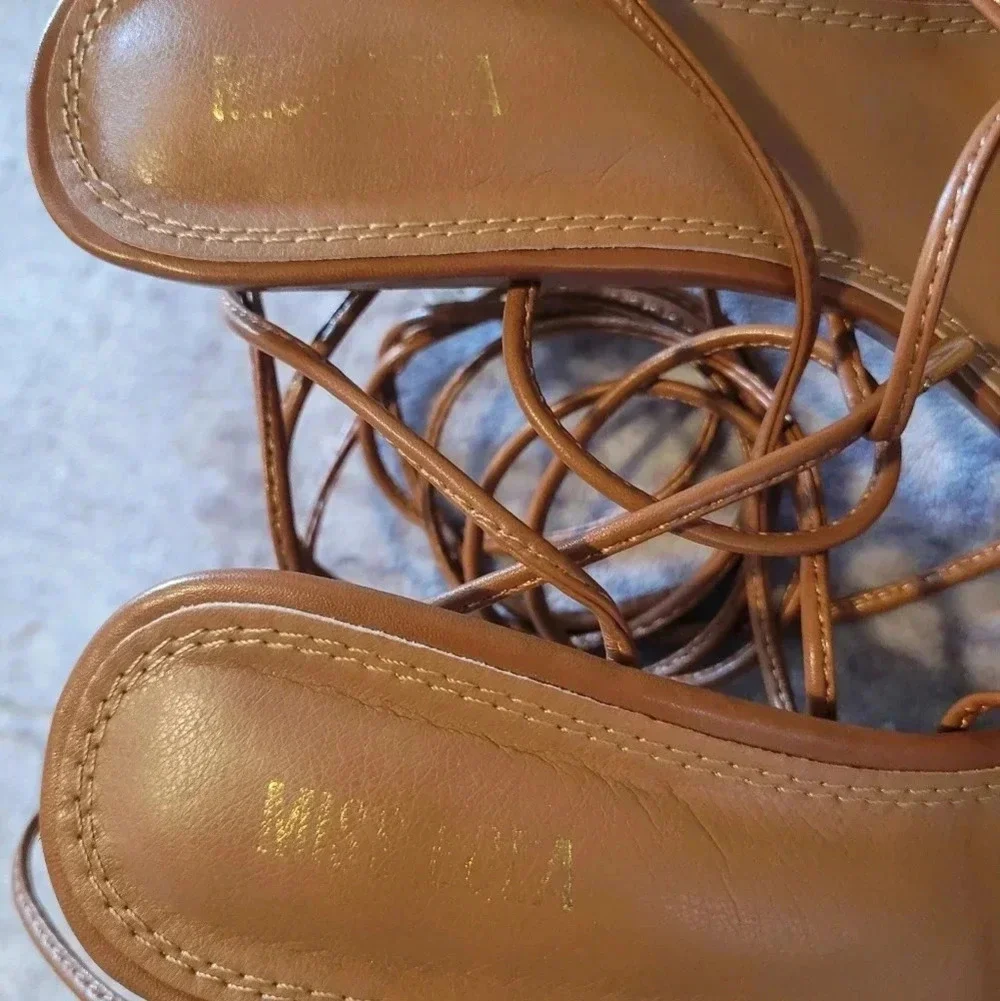 Women's 9 Caramel square toe strappy wrap around laces sandals crystal heels